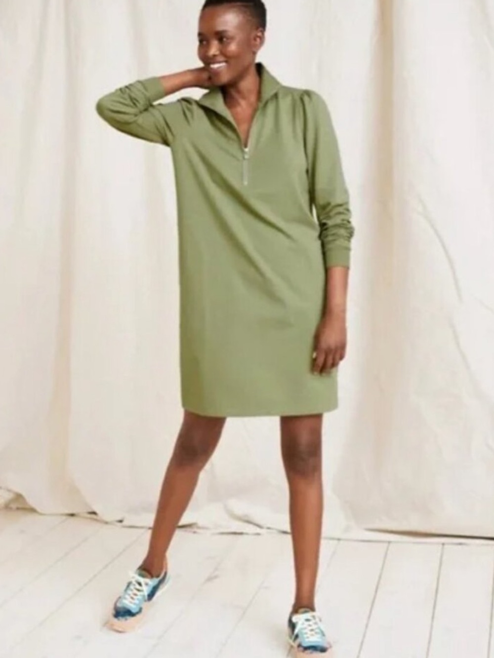 Garnet Hill Olive Green Quarter Zip French Terry Dress Puff Sleeve Pockets XL